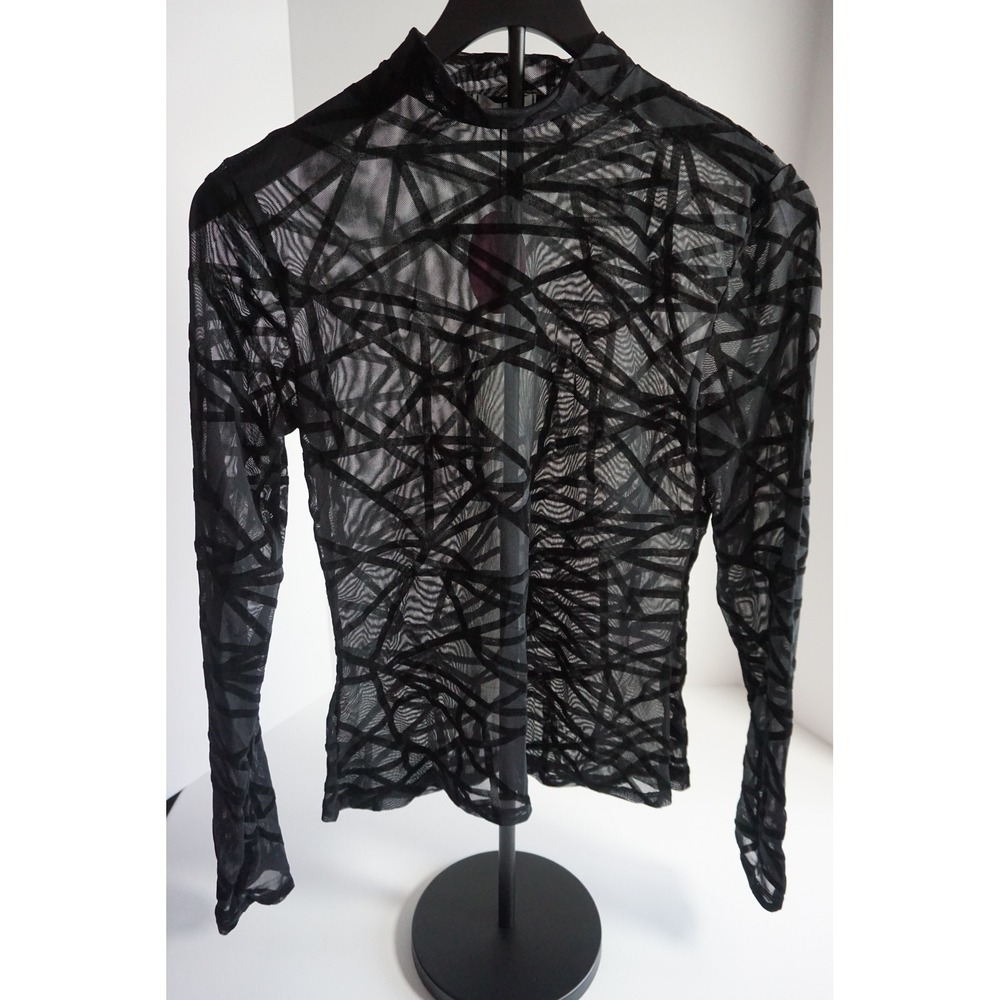Avidlove Women Black Sheer Mesh Geometric Velvet Burnout Mock Neck Top NWT L - Picture 5 of 13